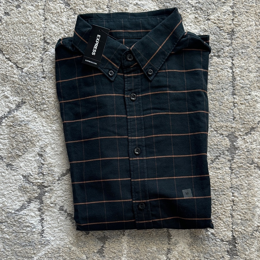 Express Men's Black and Brown Plaid Shirt